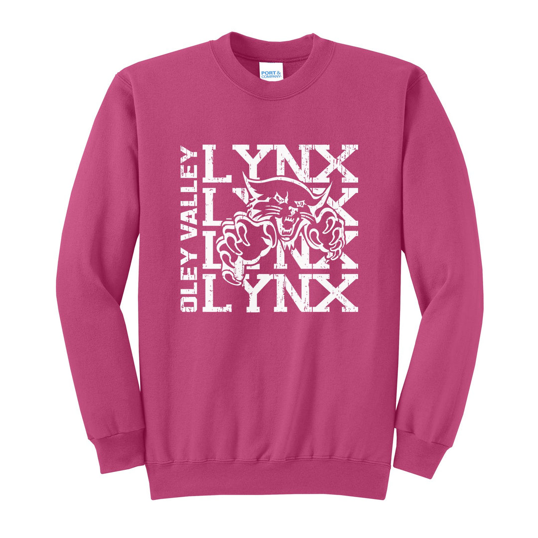 Oley Valley Lynx Stacked Mascot crewneck sweatshirt in Sangria: LYNX stacked four times behind the lynx mascot, with OLEY VALLEY running up the side