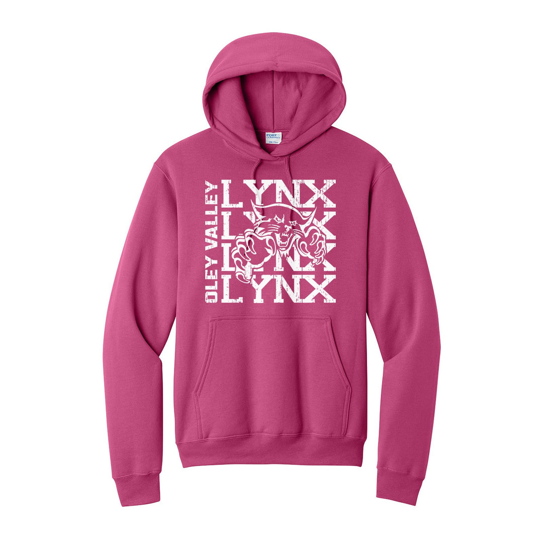 Oley Valley Lynx Stacked Mascot hoodie in Sangria: LYNX stacked four times behind the lynx mascot, with OLEY VALLEY running up the side