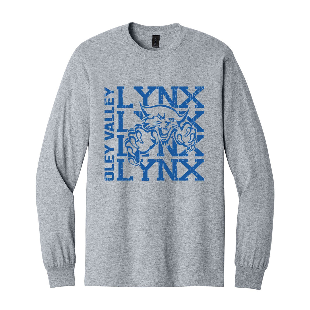 Oley Valley Lynx Stacked Mascot long sleeve t-shirt in Sport Grey: LYNX stacked four times behind the lynx mascot, with OLEY VALLEY running up the side