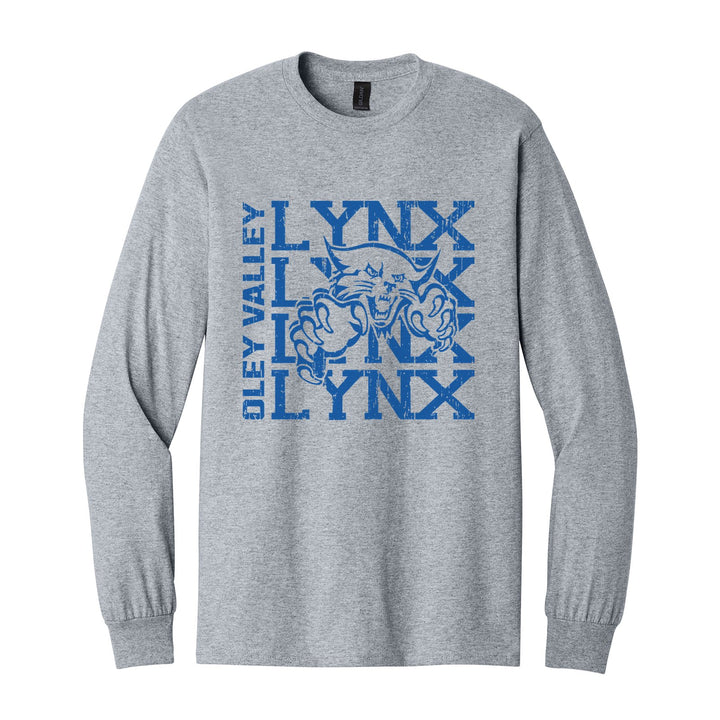 Oley Valley Lynx Stacked Mascot long sleeve t-shirt in Sport Grey: LYNX stacked four times behind the lynx mascot, with OLEY VALLEY running up the side
