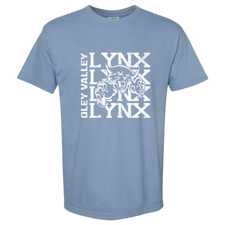 Oley Valley Lynx Stacked Mascot comfort colors t-shirt in Washed Denim: LYNX stacked four times behind the lynx mascot, with OLEY VALLEY running up the side