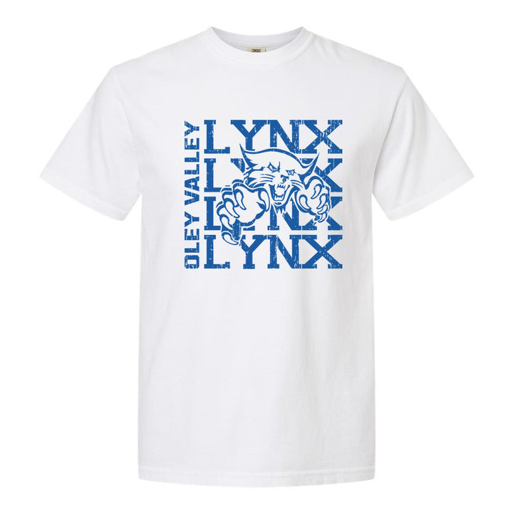 Oley Valley Lynx Stacked Mascot comfort colors t-shirt in White: LYNX stacked four times behind the lynx mascot, with OLEY VALLEY running up the side