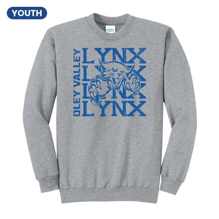 Oley Valley Lynx Stacked Mascot youth crewneck sweatshirt in Athletic Heather: LYNX stacked four times behind the lynx mascot, with OLEY VALLEY running up the side