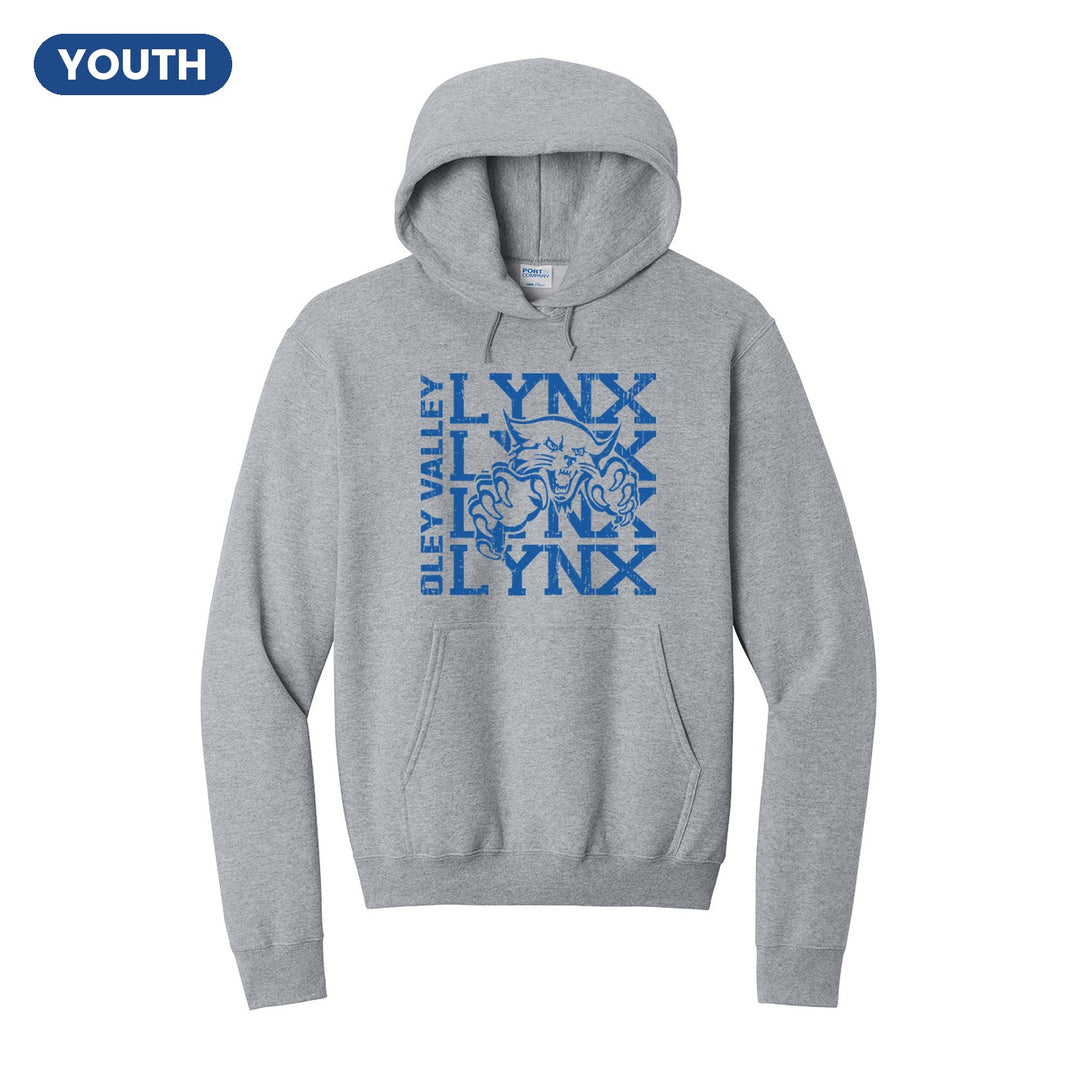 Oley Valley Lynx Stacked Mascot youth hoodie in Athletic Heather: LYNX stacked four times behind the lynx mascot, with OLEY VALLEY running up the side