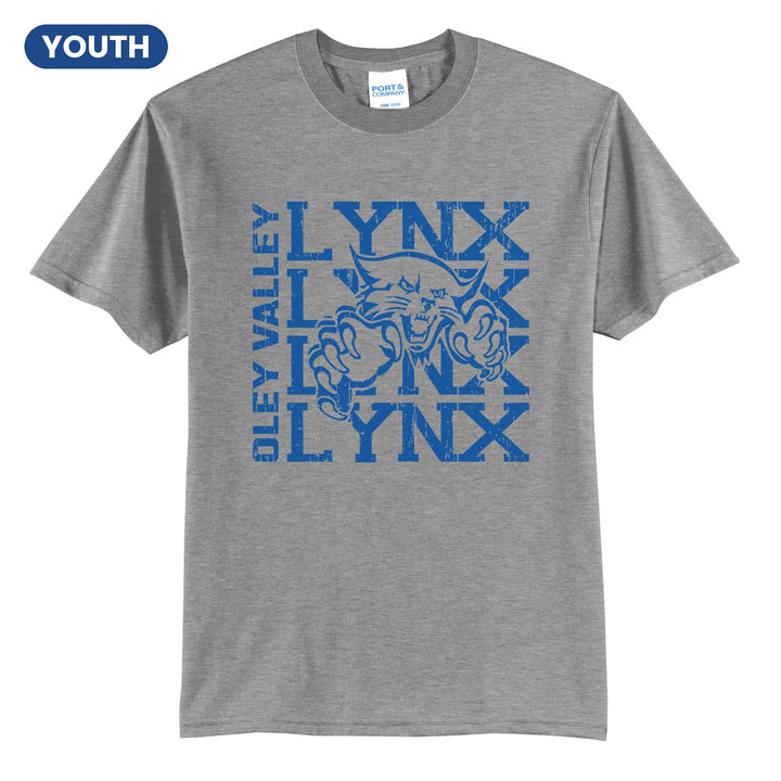 Oley Valley Lynx Stacked Mascot youth t-shirt in Athletic Heather: LYNX stacked four times behind the lynx mascot, with OLEY VALLEY running up the side