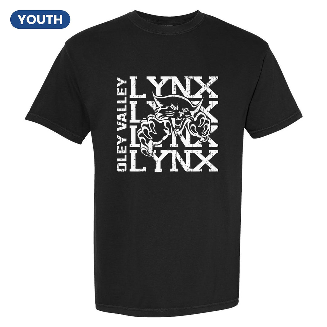 Oley Valley Lynx Stacked Mascot youth comfort colors t-shirt in Black: LYNX stacked four times behind the lynx mascot, with OLEY VALLEY running up the side