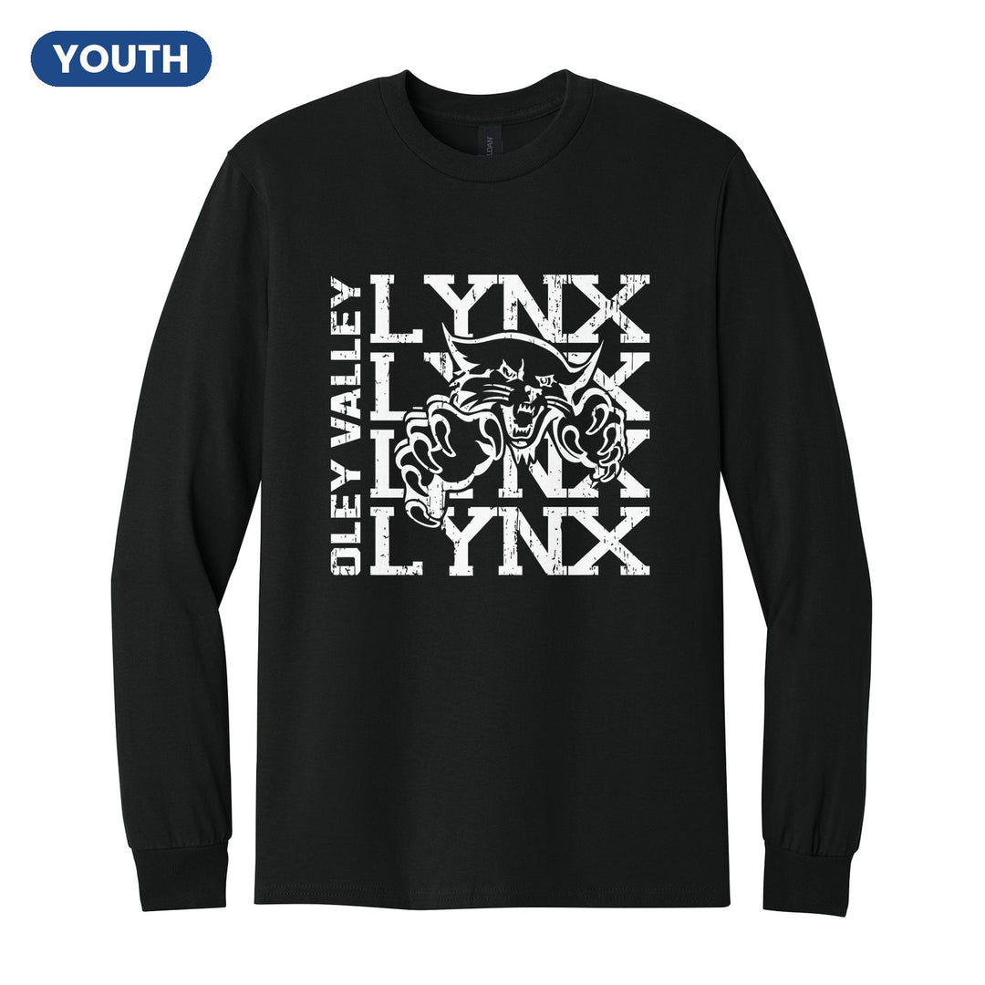 Oley Valley Lynx Stacked Mascot youth long sleeve t-shirt in Black: LYNX stacked four times behind the lynx mascot, with OLEY VALLEY running up the side
