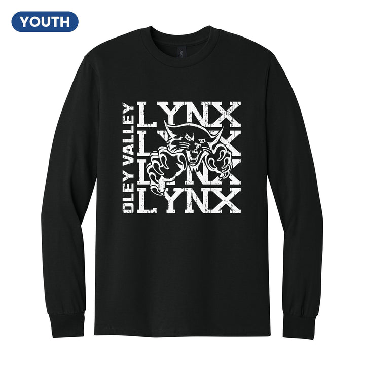 Oley Valley Lynx Stacked Mascot youth long sleeve t-shirt in Black: LYNX stacked four times behind the lynx mascot, with OLEY VALLEY running up the side