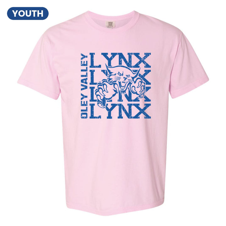 Oley Valley Lynx Stacked Mascot youth comfort colors t-shirt in Blossom: LYNX stacked four times behind the lynx mascot, with OLEY VALLEY running up the side