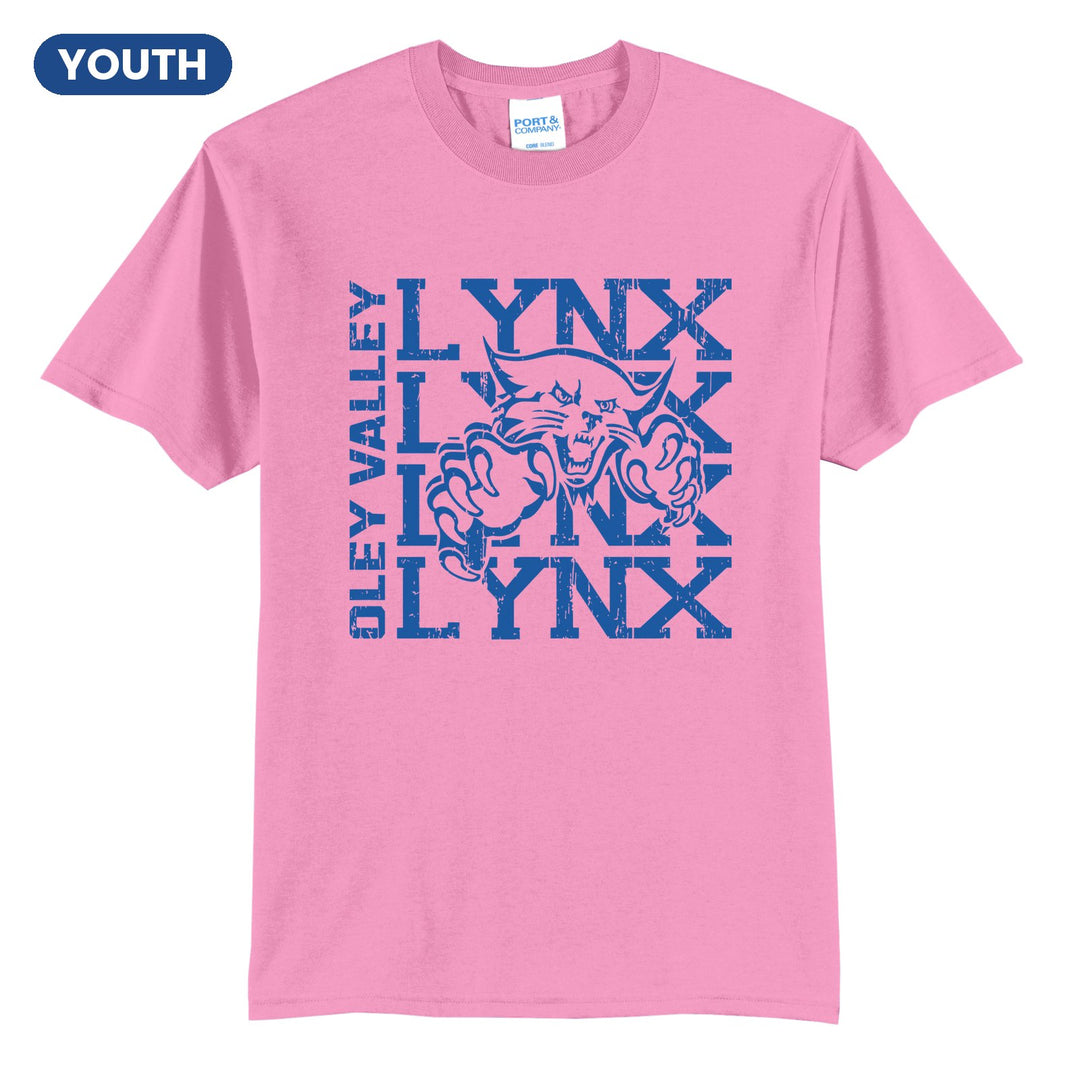Oley Valley Lynx Stacked Mascot youth t-shirt in Candy Pink: LYNX stacked four times behind the lynx mascot, with OLEY VALLEY running up the side