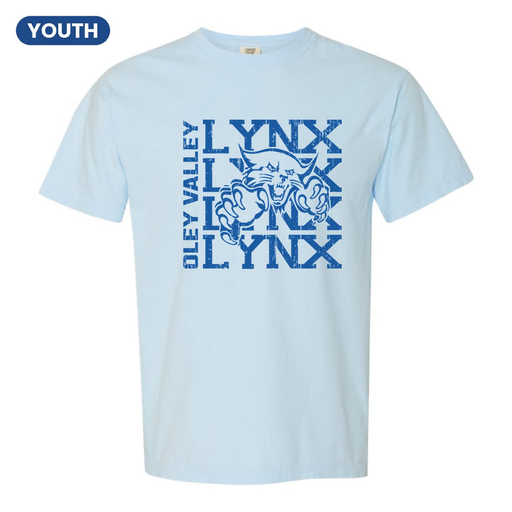 Oley Valley Lynx Stacked Mascot youth comfort colors t-shirt in Chambray: LYNX stacked four times behind the lynx mascot, with OLEY VALLEY running up the side