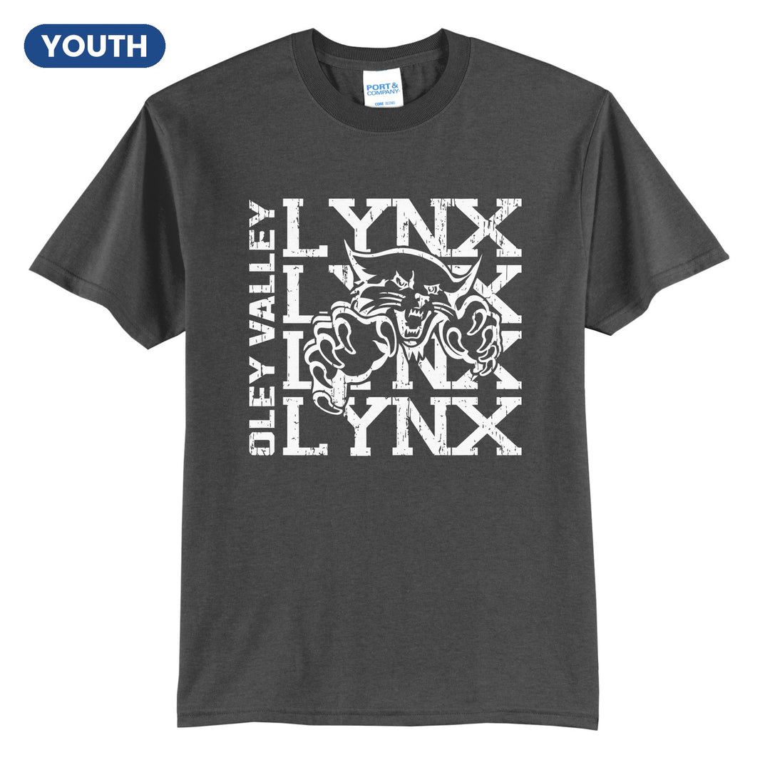 Oley Valley Lynx Stacked Mascot youth t-shirt in Charcoal: LYNX stacked four times behind the lynx mascot, with OLEY VALLEY running up the side