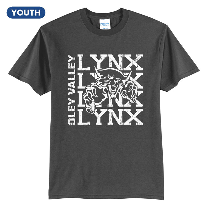 Oley Valley Lynx Stacked Mascot youth t-shirt in Charcoal: LYNX stacked four times behind the lynx mascot, with OLEY VALLEY running up the side