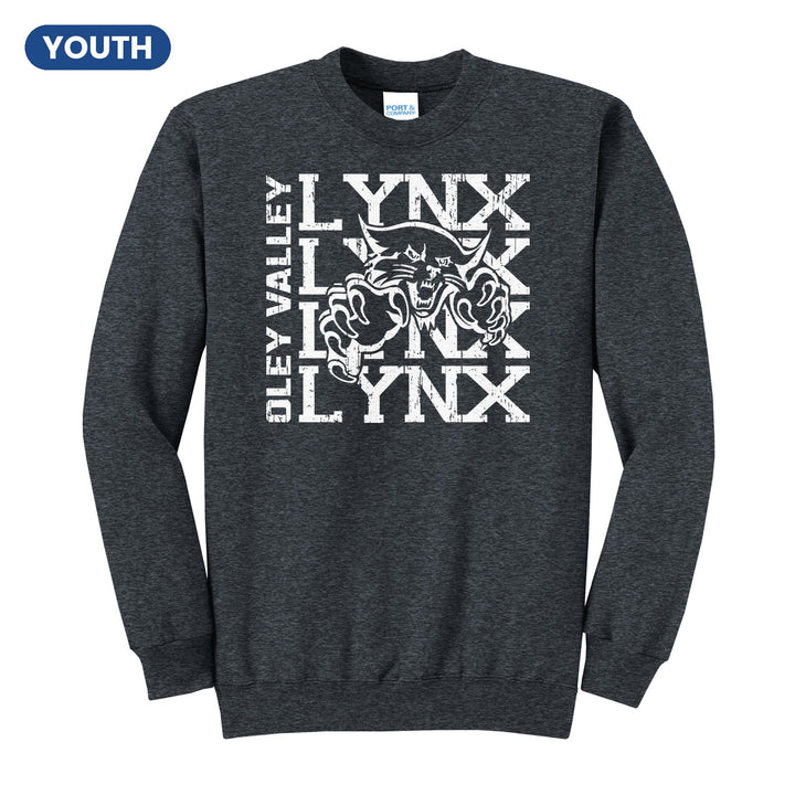 Oley Valley Lynx Stacked Mascot youth crewneck sweatshirt in Dark Heather Grey: LYNX stacked four times behind the lynx mascot, with OLEY VALLEY running up the side