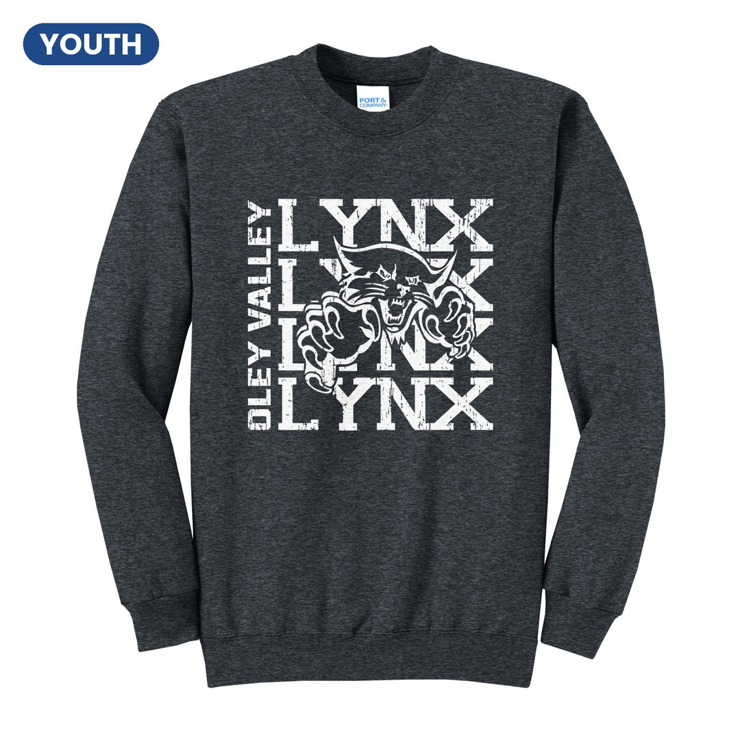 Oley Valley Lynx Stacked Mascot youth crewneck sweatshirt in Dark Heather Grey: LYNX stacked four times behind the lynx mascot, with OLEY VALLEY running up the side