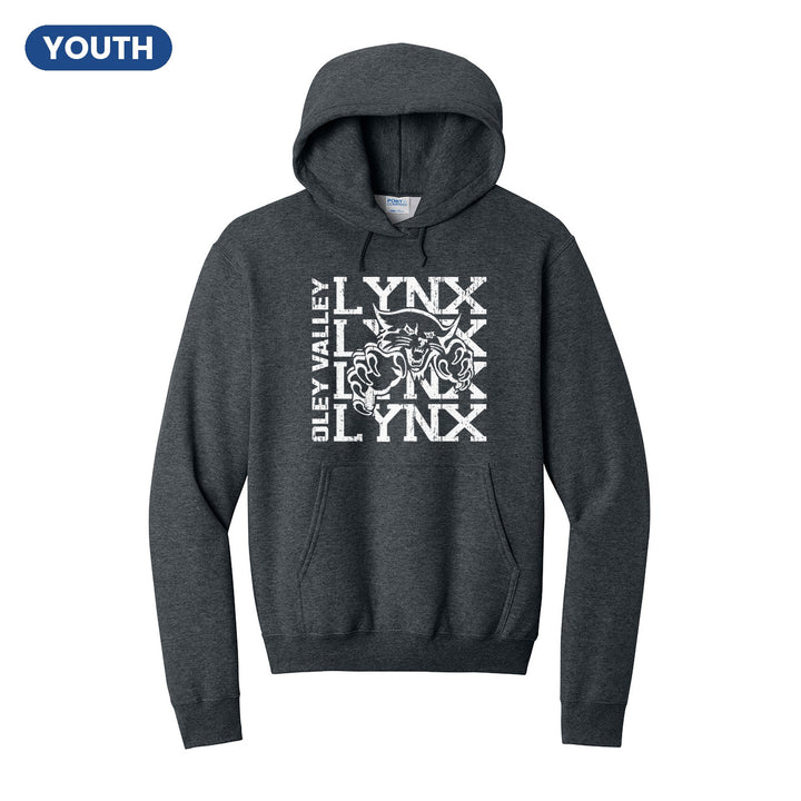 Oley Valley Lynx Stacked Mascot youth hoodie in Dark Heather Grey: LYNX stacked four times behind the lynx mascot, with OLEY VALLEY running up the side