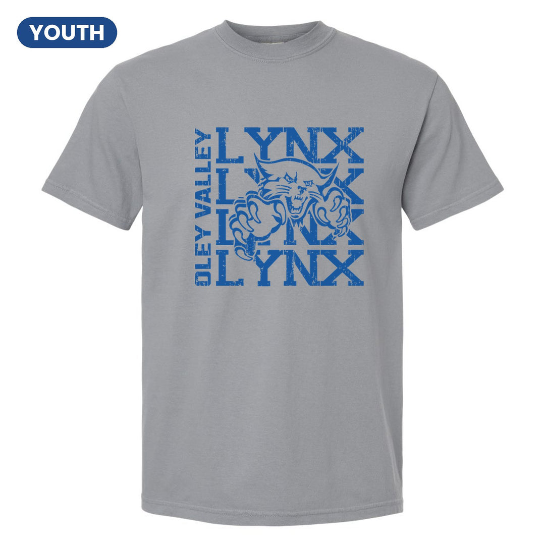 Oley Valley Lynx Stacked Mascot youth comfort colors t-shirt in Granite: LYNX stacked four times behind the lynx mascot, with OLEY VALLEY running up the side