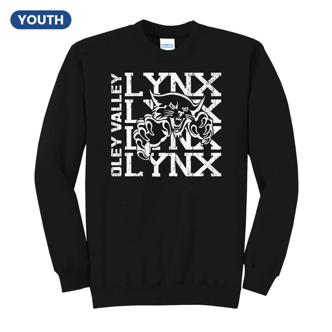 Oley Valley Lynx Stacked Mascot youth crewneck sweatshirt in Jet Black: LYNX stacked four times behind the lynx mascot, with OLEY VALLEY running up the side