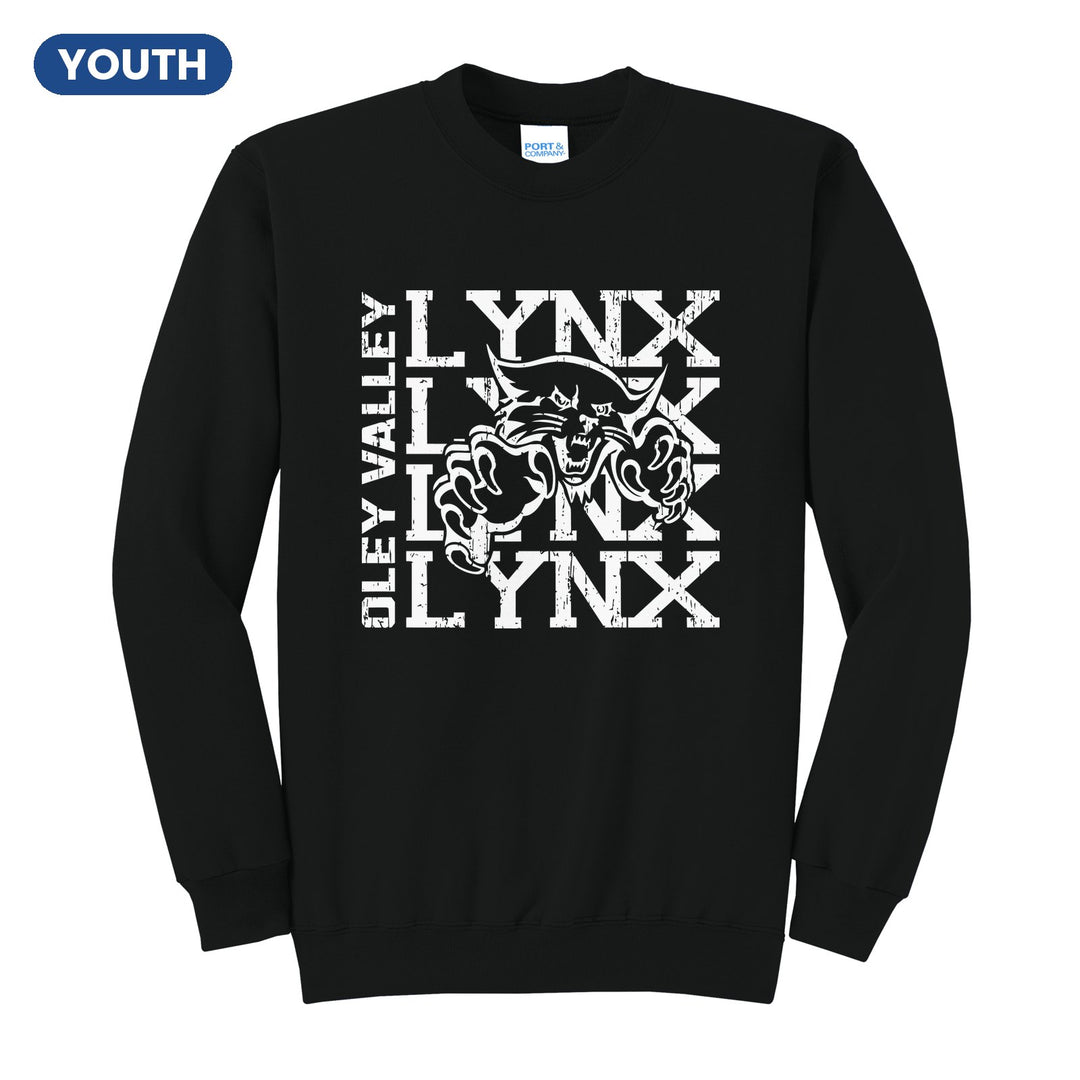 Oley Valley Lynx Stacked Mascot youth crewneck sweatshirt in Jet Black: LYNX stacked four times behind the lynx mascot, with OLEY VALLEY running up the side