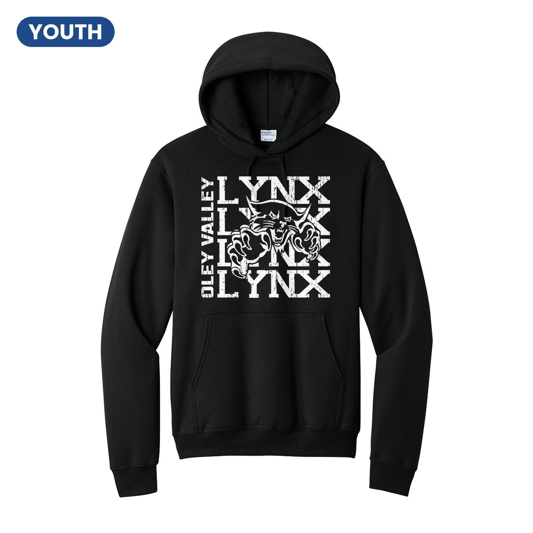 Oley Valley Lynx Stacked Mascot youth hoodie in Jet Black: LYNX stacked four times behind the lynx mascot, with OLEY VALLEY running up the side