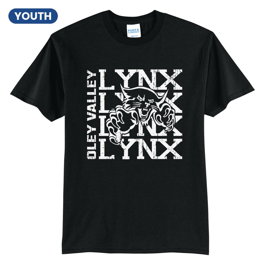 Oley Valley Lynx Stacked Mascot youth t-shirt in Jet Black: LYNX stacked four times behind the lynx mascot, with OLEY VALLEY running up the side