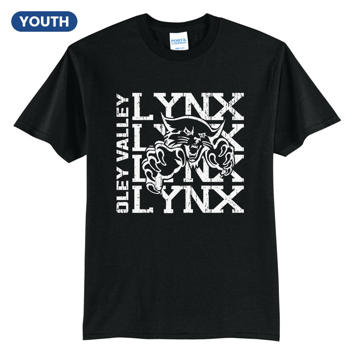 Oley Valley Lynx Stacked Mascot youth t-shirt in Jet Black: LYNX stacked four times behind the lynx mascot, with OLEY VALLEY running up the side