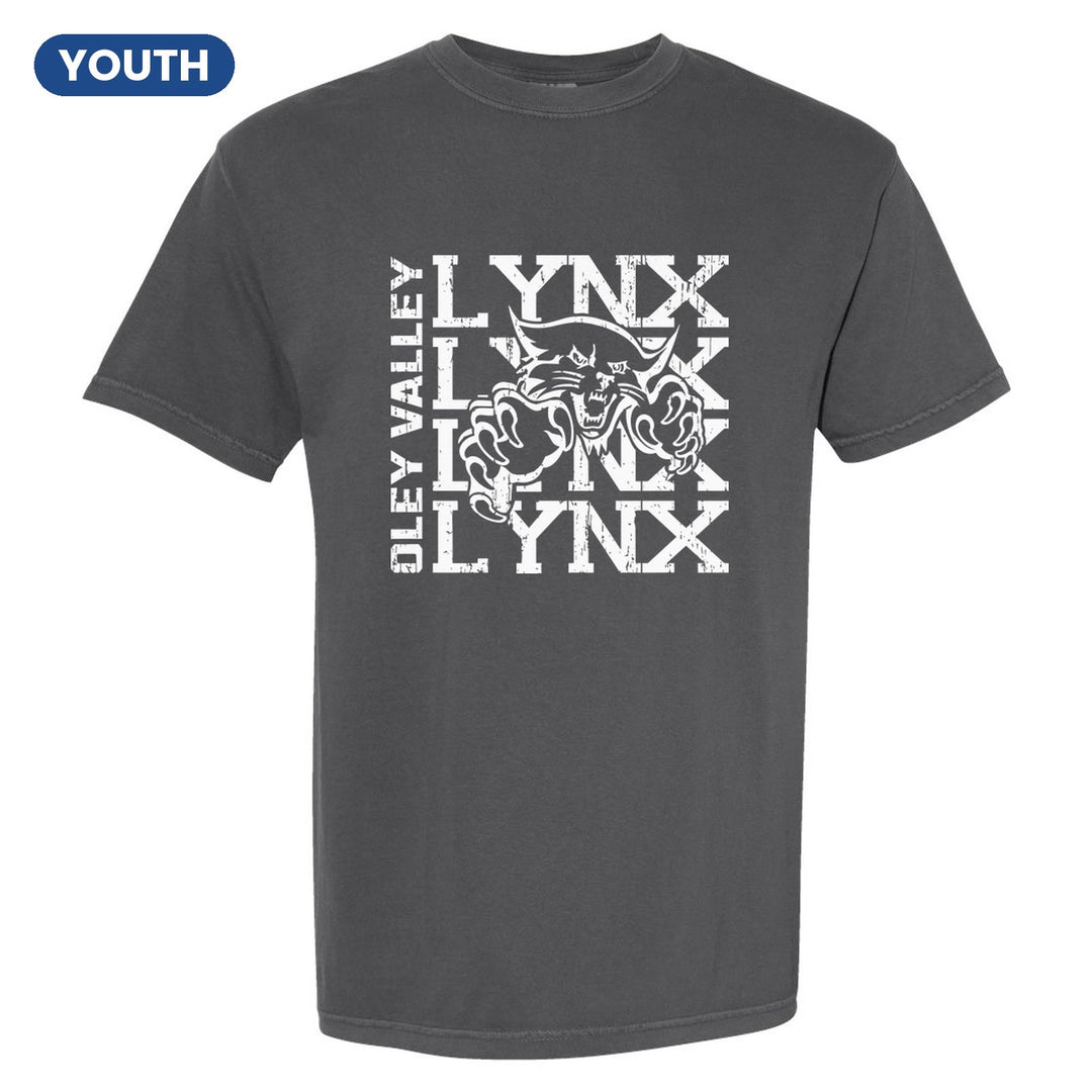 Oley Valley Lynx Stacked Mascot youth comfort colors t-shirt in Pepper: LYNX stacked four times behind the lynx mascot, with OLEY VALLEY running up the side