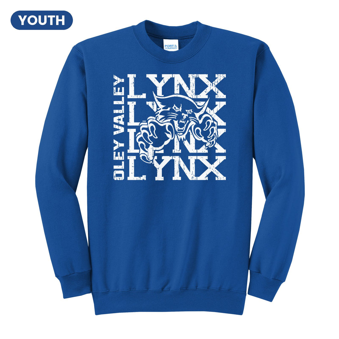 Oley Valley Lynx Stacked Mascot youth crewneck sweatshirt in Royal: LYNX stacked four times behind the lynx mascot, with OLEY VALLEY running up the side