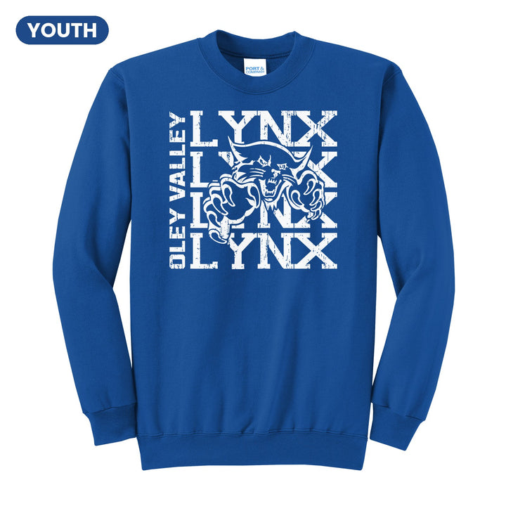 Oley Valley Lynx Stacked Mascot youth crewneck sweatshirt in Royal: LYNX stacked four times behind the lynx mascot, with OLEY VALLEY running up the side