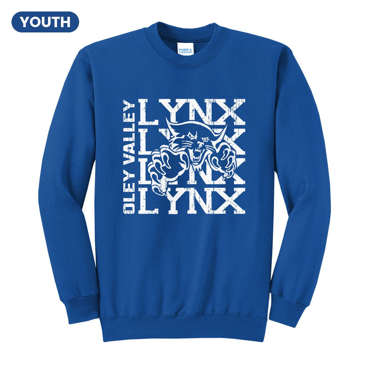 Oley Valley Lynx Stacked Mascot youth crewneck sweatshirt in Royal: LYNX stacked four times behind the lynx mascot, with OLEY VALLEY running up the side