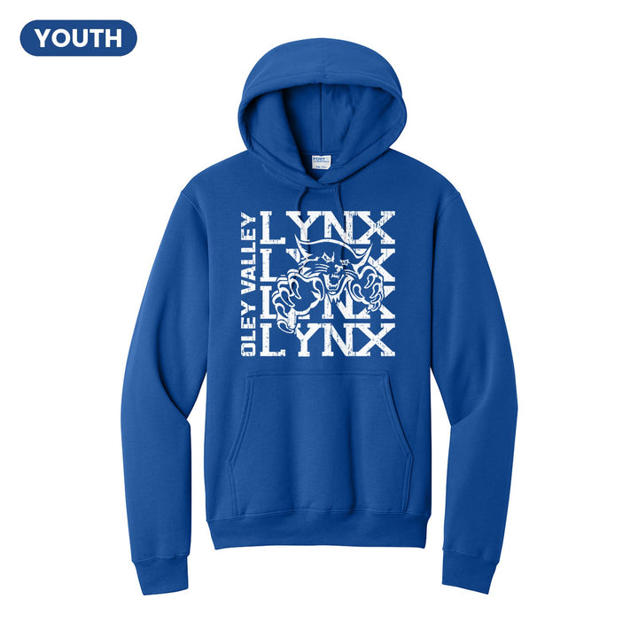 Oley Valley Lynx Stacked Mascot youth hoodie in Royal: LYNX stacked four times behind the lynx mascot, with OLEY VALLEY running up the side