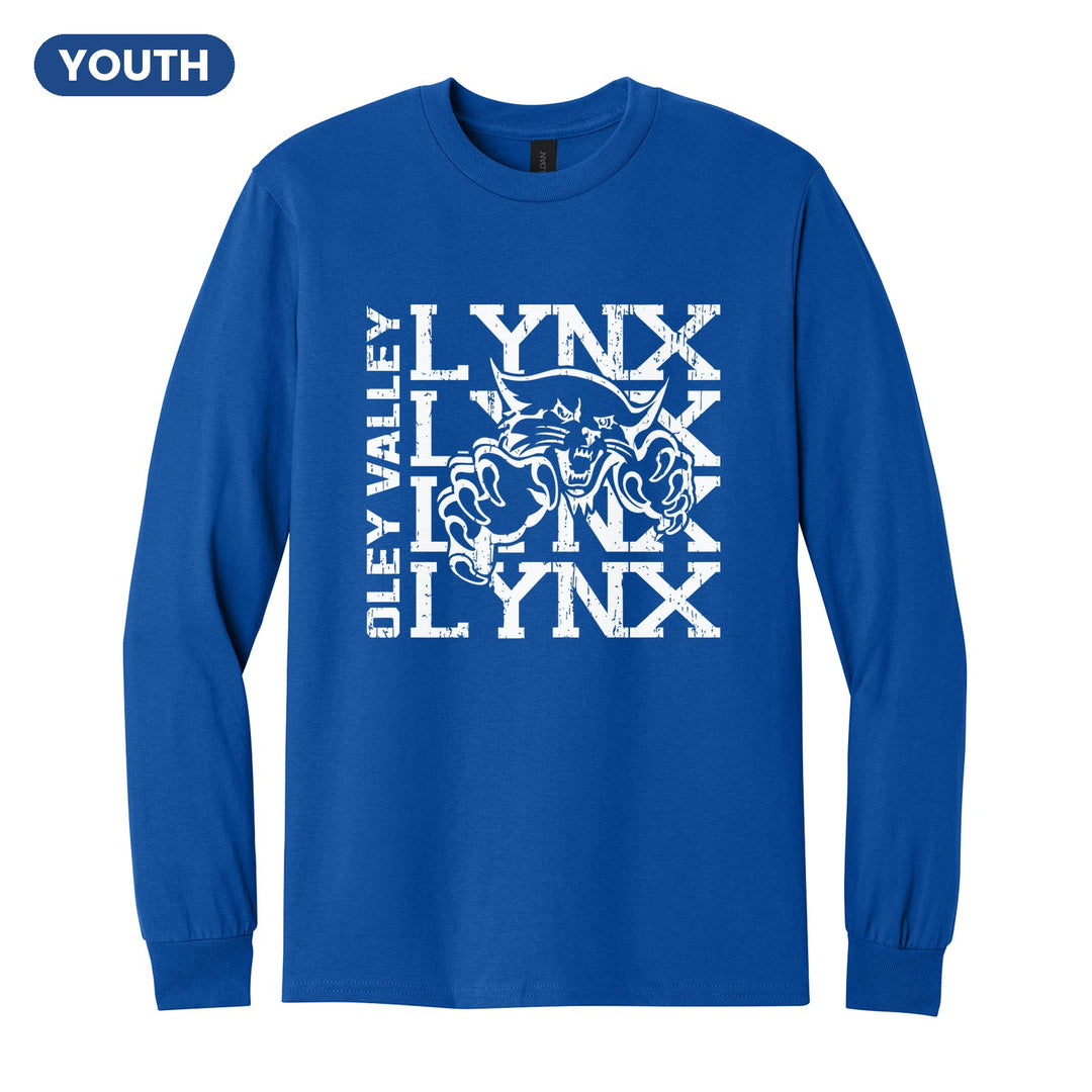 Oley Valley Lynx Stacked Mascot youth long sleeve t-shirt in Royal: LYNX stacked four times behind the lynx mascot, with OLEY VALLEY running up the side