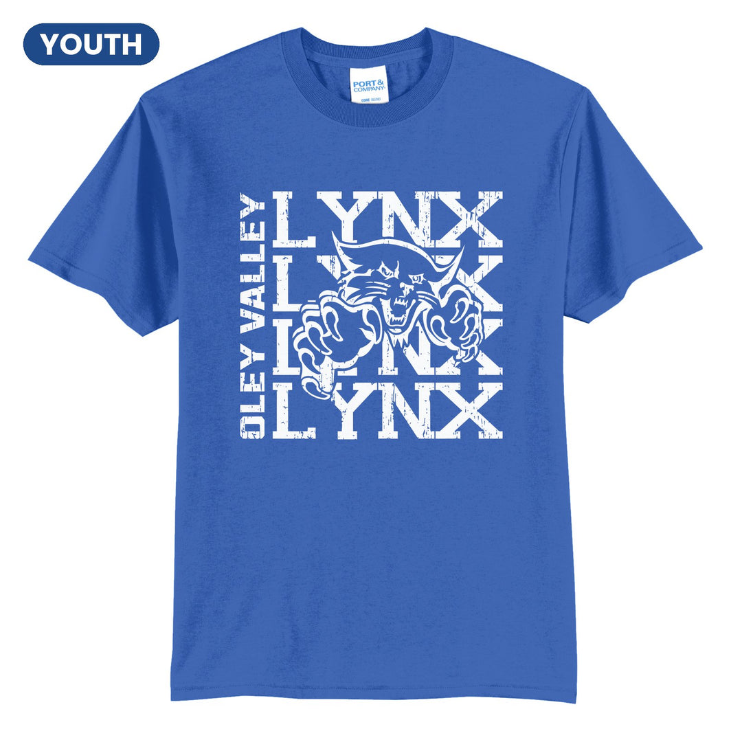 Oley Valley Lynx Stacked Mascot youth t-shirt in Royal: LYNX stacked four times behind the lynx mascot, with OLEY VALLEY running up the side