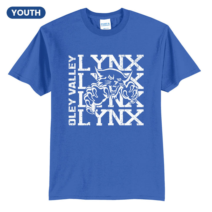 Oley Valley Lynx Stacked Mascot youth t-shirt in Royal: LYNX stacked four times behind the lynx mascot, with OLEY VALLEY running up the side