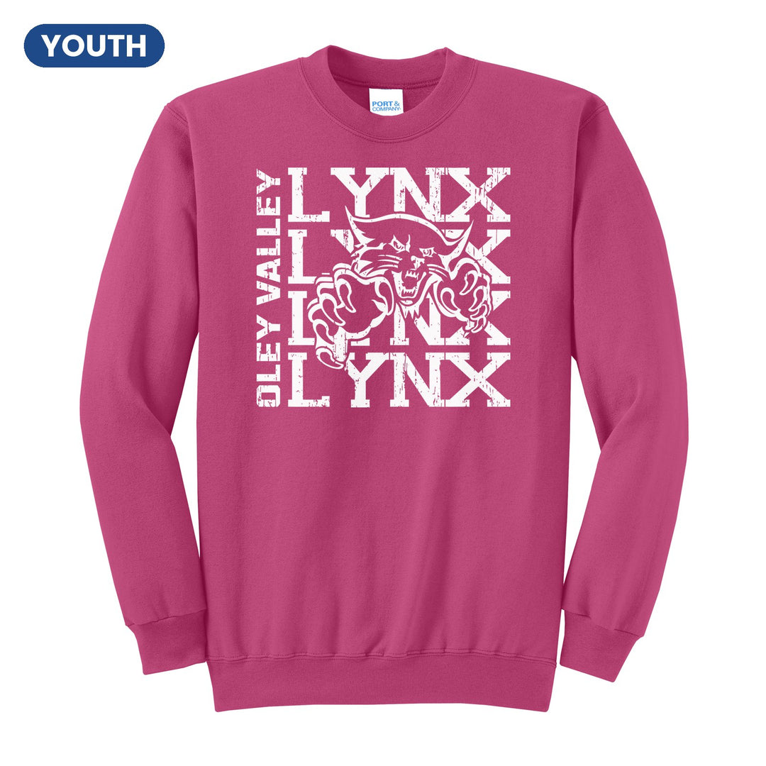 Oley Valley Lynx Stacked Mascot youth crewneck sweatshirt in Sangria: LYNX stacked four times behind the lynx mascot, with OLEY VALLEY running up the side