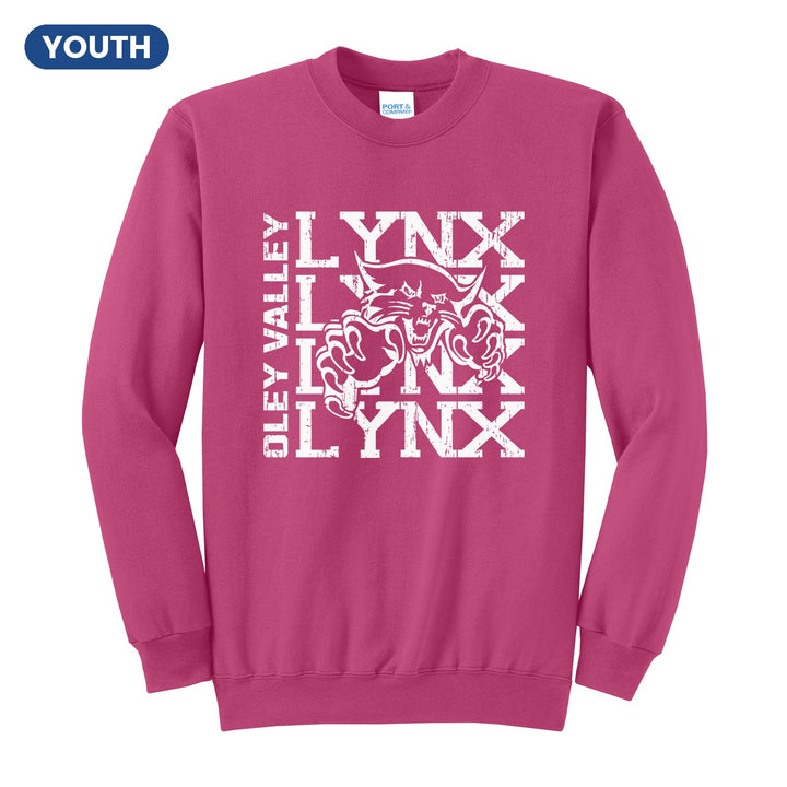 Oley Valley Lynx Stacked Mascot youth crewneck sweatshirt in Sangria: LYNX stacked four times behind the lynx mascot, with OLEY VALLEY running up the side
