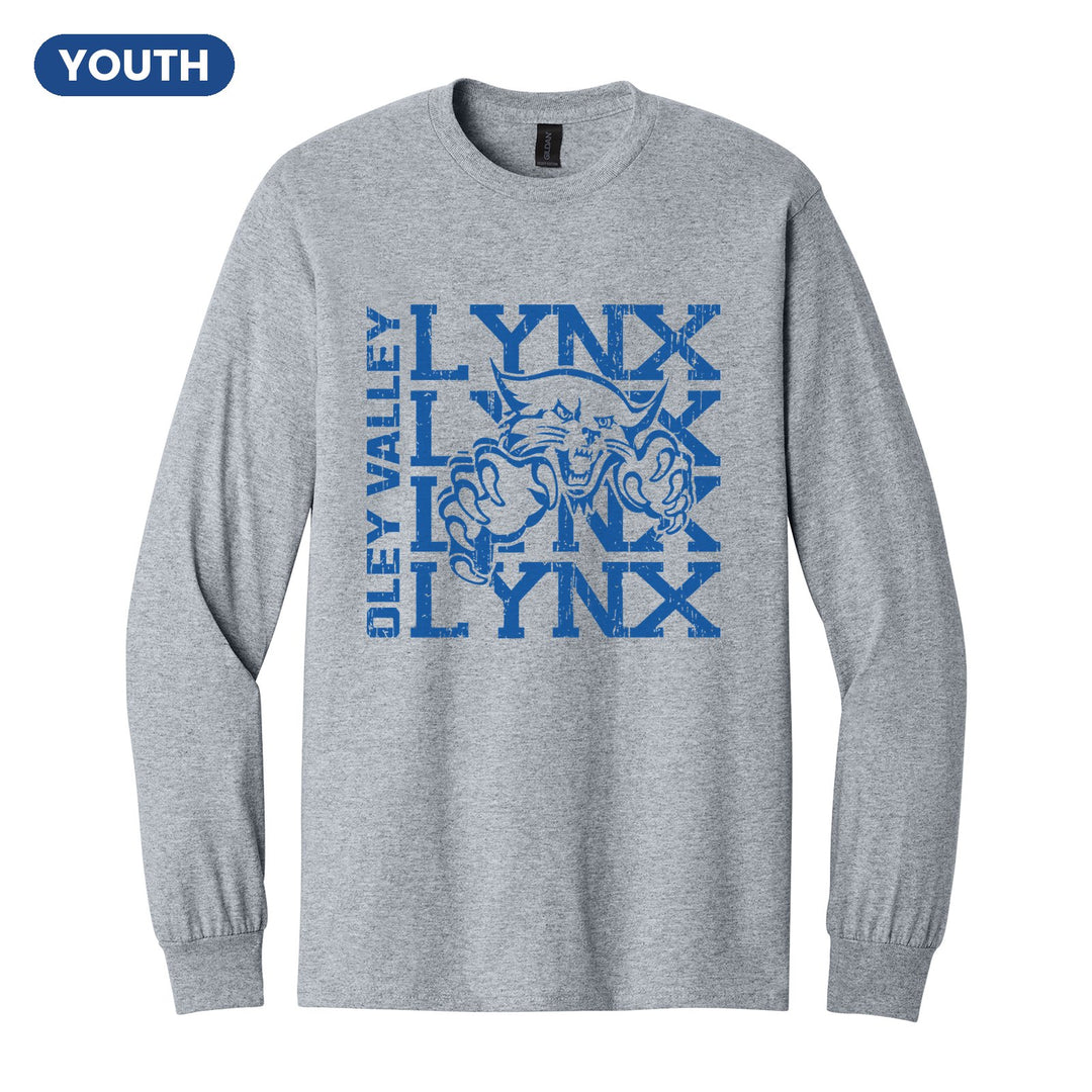 Oley Valley Lynx Stacked Mascot youth long sleeve t-shirt in Sport Grey: LYNX stacked four times behind the lynx mascot, with OLEY VALLEY running up the side