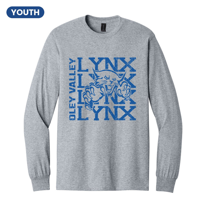 Oley Valley Lynx Stacked Mascot youth long sleeve t-shirt in Sport Grey: LYNX stacked four times behind the lynx mascot, with OLEY VALLEY running up the side