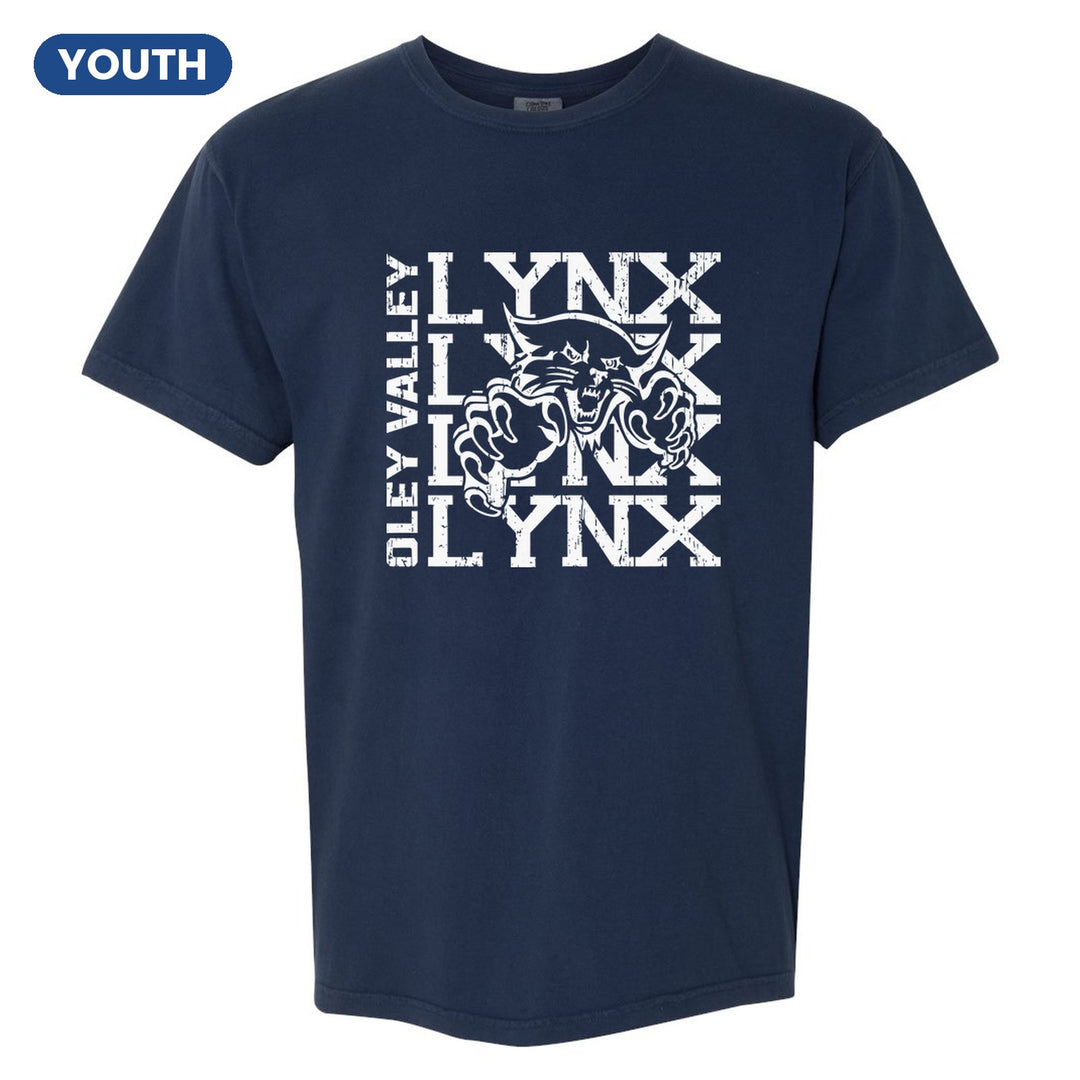 Oley Valley Lynx Stacked Mascot youth comfort colors t-shirt in True Navy: LYNX stacked four times behind the lynx mascot, with OLEY VALLEY running up the side
