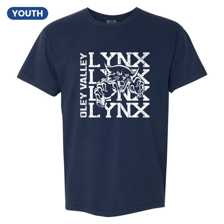 Oley Valley Lynx Stacked Mascot youth comfort colors t-shirt in True Navy: LYNX stacked four times behind the lynx mascot, with OLEY VALLEY running up the side