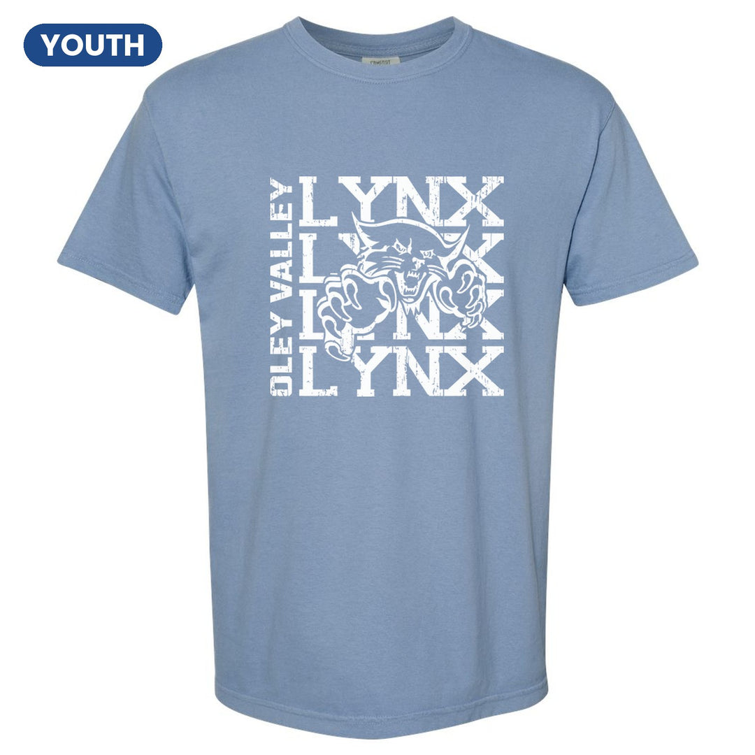 Oley Valley Lynx Stacked Mascot youth comfort colors t-shirt in Washed Denim: LYNX stacked four times behind the lynx mascot, with OLEY VALLEY running up the side