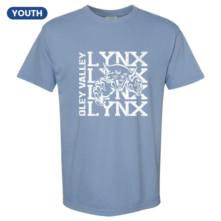 Oley Valley Lynx Stacked Mascot youth comfort colors t-shirt in Washed Denim: LYNX stacked four times behind the lynx mascot, with OLEY VALLEY running up the side