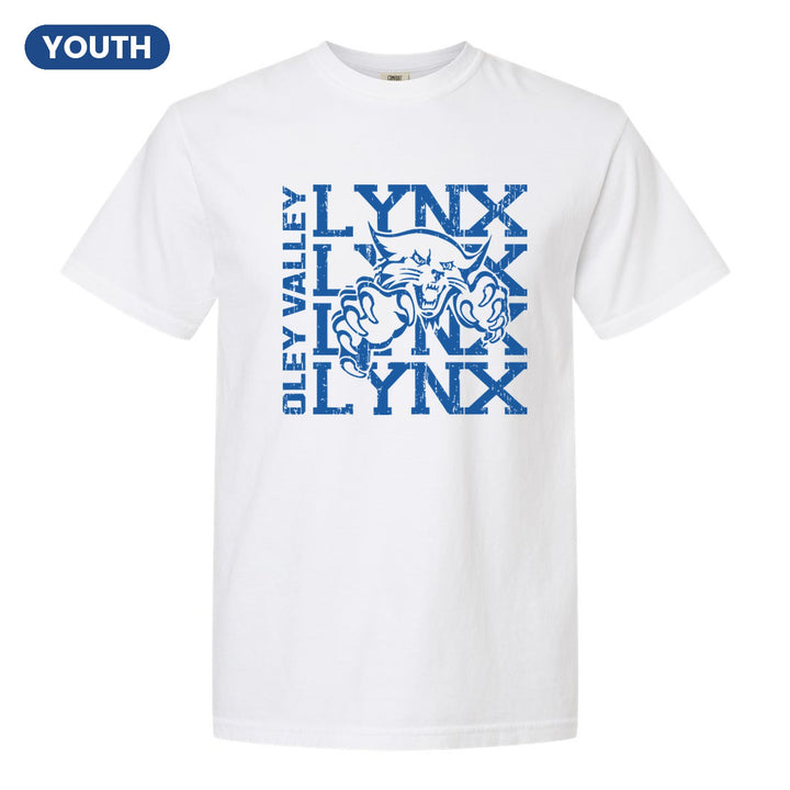 Oley Valley Lynx Stacked Mascot youth comfort colors t-shirt in White: LYNX stacked four times behind the lynx mascot, with OLEY VALLEY running up the side