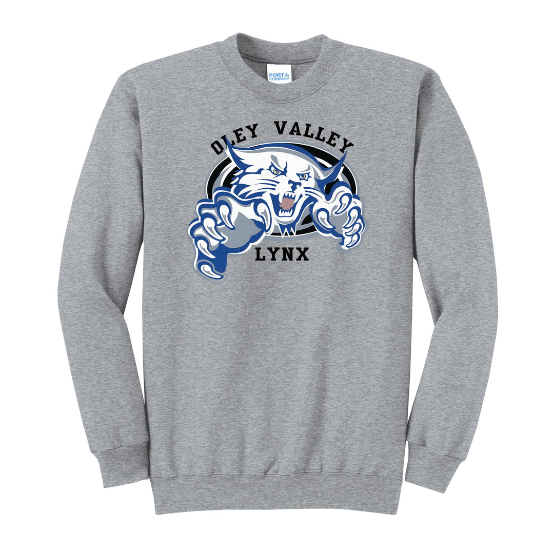 Oley Valley Lynx Mascot Crest crewneck sweatshirt in Athletic Heather: the full-color lynx mascot bursting out of an oval, with Oley Valley arched above and LYNX below