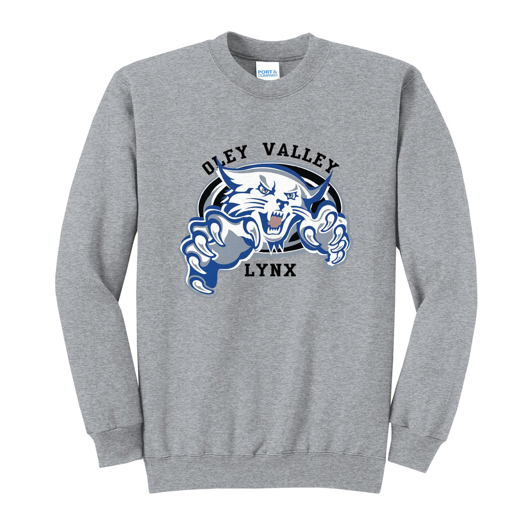 Oley Valley Lynx Mascot Crest crewneck sweatshirt in Athletic Heather: the full-color lynx mascot bursting out of an oval, with Oley Valley arched above and LYNX below