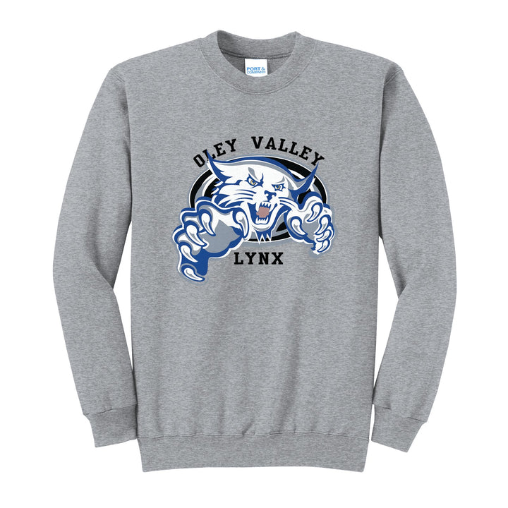 Oley Valley Lynx Mascot Crest crewneck sweatshirt in Athletic Heather: the full-color lynx mascot bursting out of an oval, with Oley Valley arched above and LYNX below
