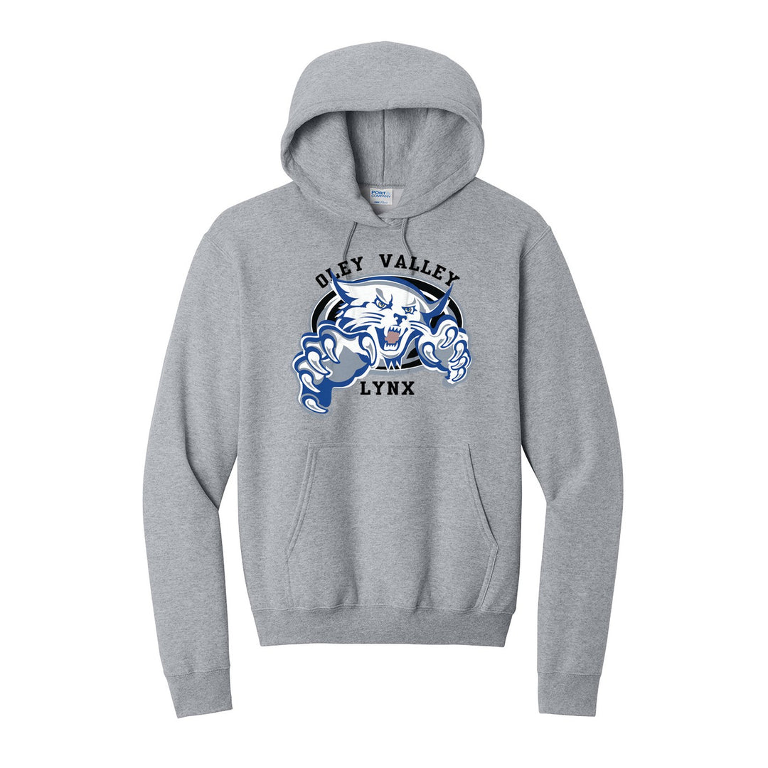 Oley Valley Lynx Mascot Crest hoodie in Athletic Heather: the full-color lynx mascot bursting out of an oval, with Oley Valley arched above and LYNX below