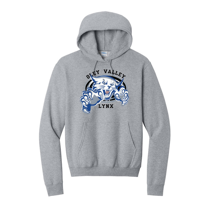 Oley Valley Lynx Mascot Crest hoodie in Athletic Heather: the full-color lynx mascot bursting out of an oval, with Oley Valley arched above and LYNX below