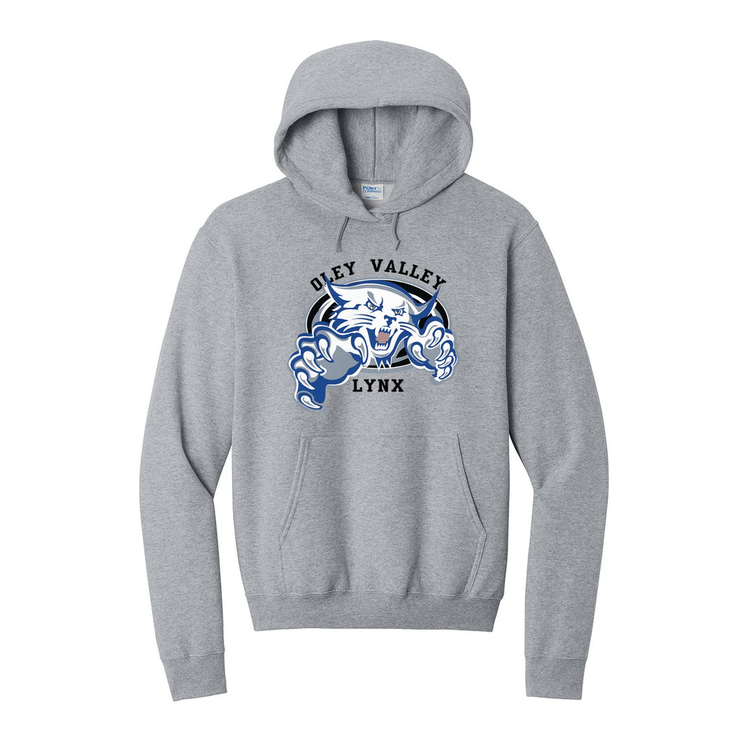 Oley Valley Lynx Mascot Crest hoodie in Athletic Heather: the full-color lynx mascot bursting out of an oval, with Oley Valley arched above and LYNX below