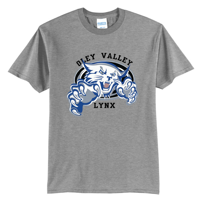 Oley Valley Lynx Mascot Crest t-shirt in Athletic Heather: the full-color lynx mascot bursting out of an oval, with Oley Valley arched above and LYNX below